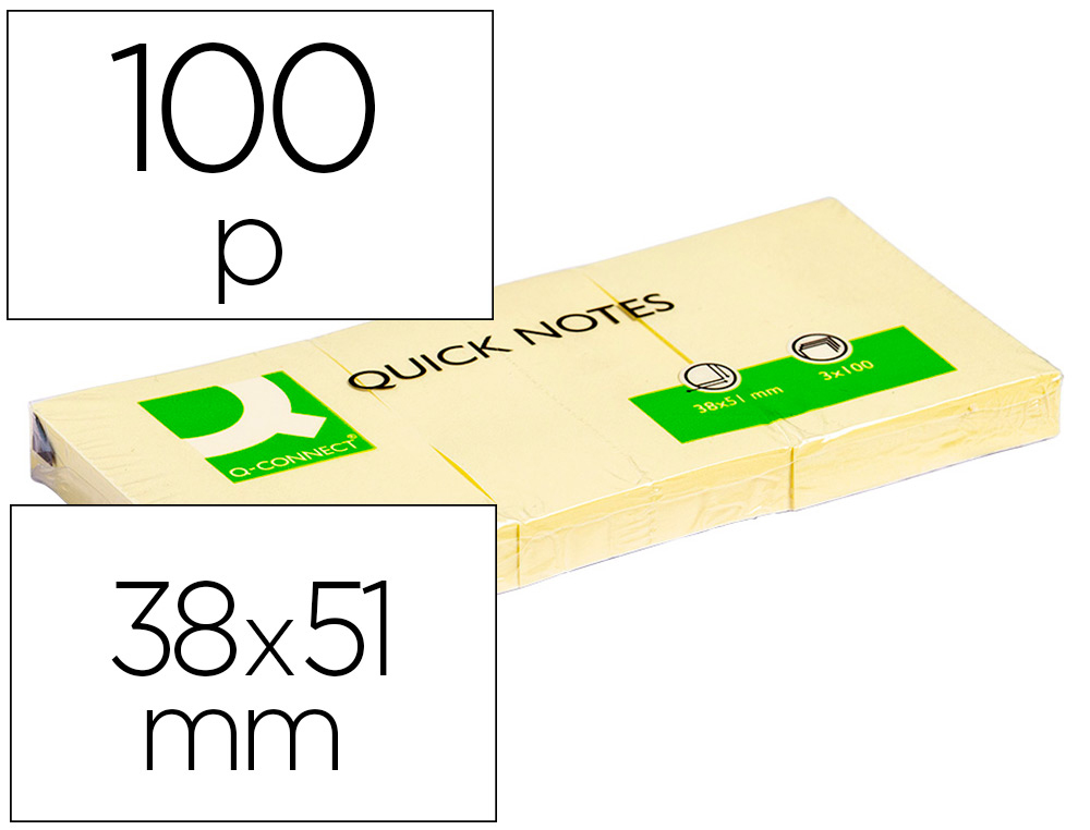 BLOC-NOTES Q-CONNECT QUICK NOTES 38X51MM 3 BLOCS 100F REPOSITIONNABLES COLORIS JAUNE