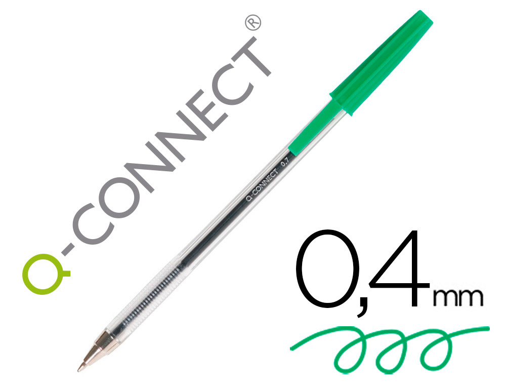 STYLO-BILLE Q-CONNECT CRITURE MOYENNE 0.7MM ENCRE CLASSIQUE BILLE INDFORMABLE CAPUCHON COULEUR ENCRE VERT