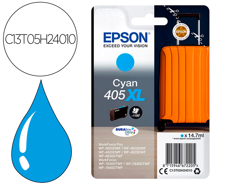 CARTOUCHE EPSON JET D'ENCRE 405 XL VALISE COULEUR CYAN    14,7ML