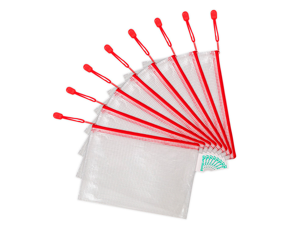 POCHETTE  ZIP TARIFOLD PVC TISS TRANSPARENT A5 ULTRA-RSISTANT FERMETURE CLAIR BORDURE ROUGE 8 UNITS